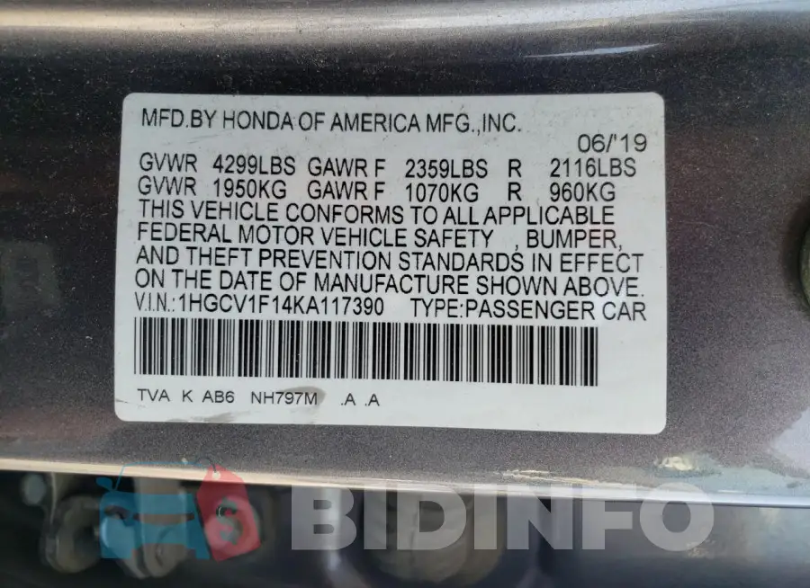 1HGCV1F14KA117390 Photo# 12