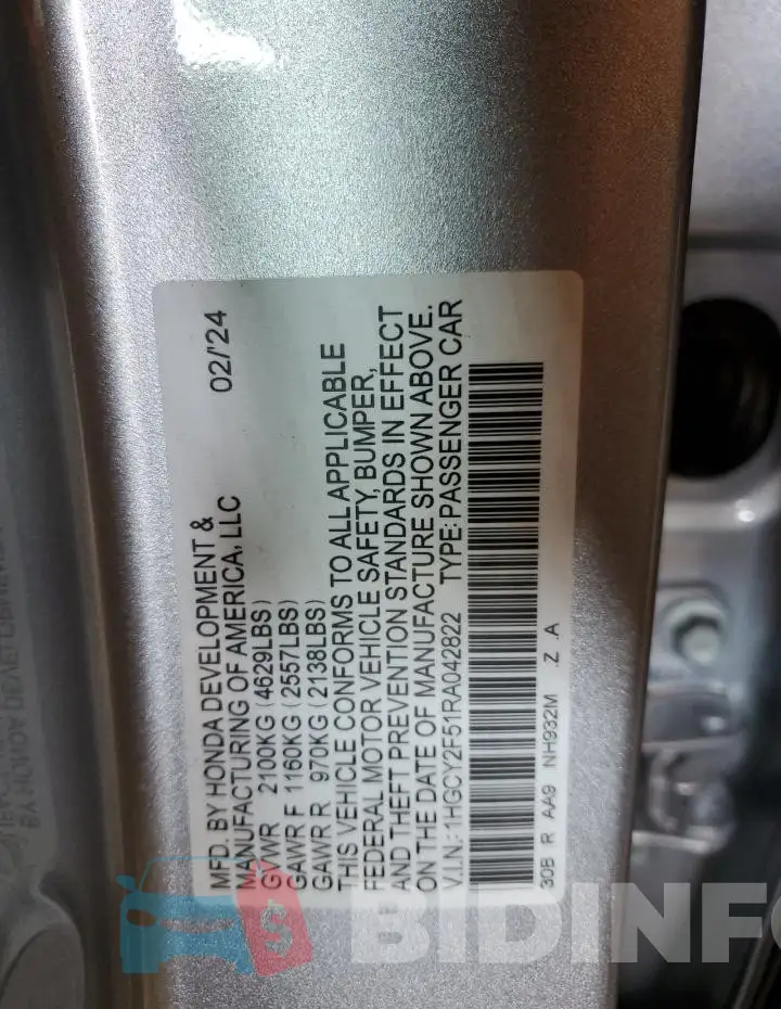 1HGCY2F51RA042822 Photo# 12