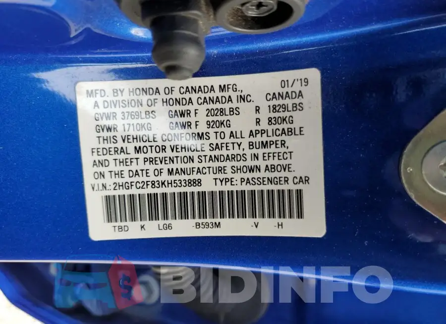 2HGFC2F83KH533888 Photo# 12