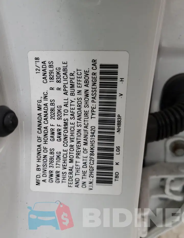 2HGFC2F84KH519420 Photo# 13