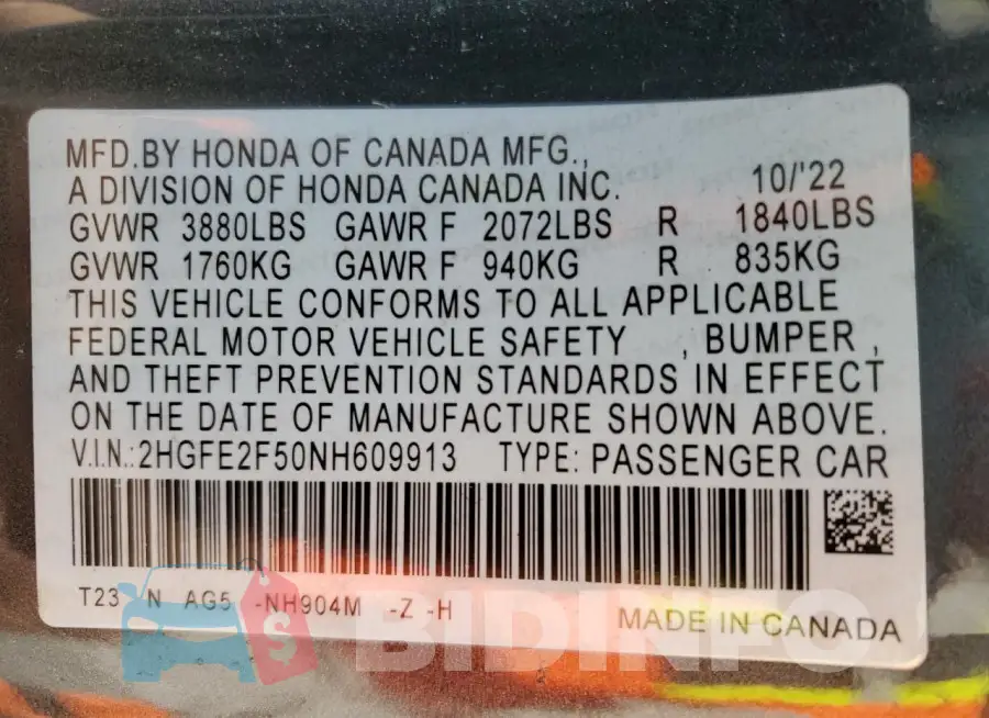 2HGFE2F50NH609913 Photo# 12