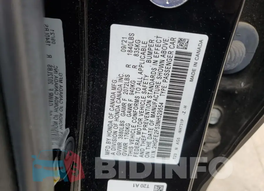 2HGFE2F53NH529554 Photo# 12
