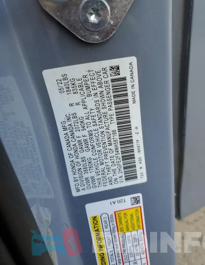 2HGFE2F54NH587186 Photo# 12