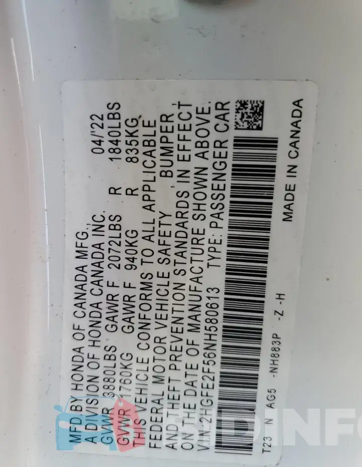 2HGFE2F56NH580613 Photo# 12