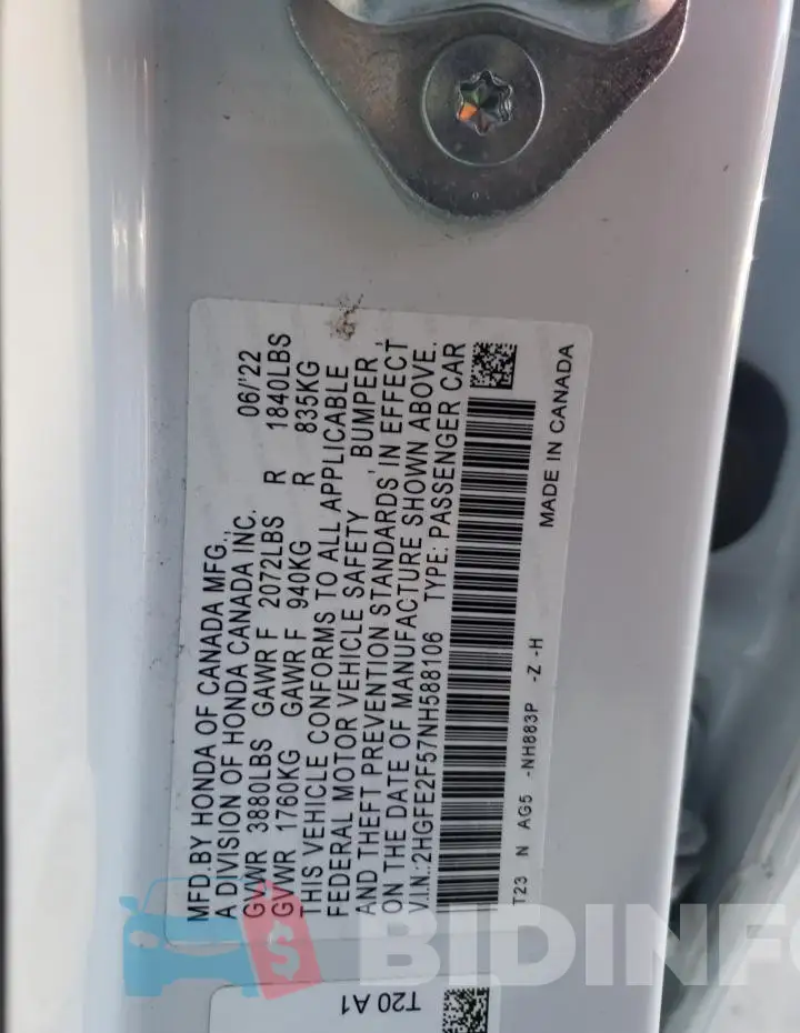 2HGFE2F57NH588106 Photo# 13