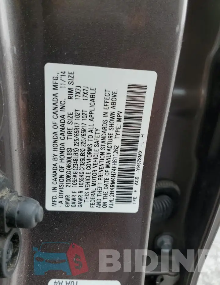 2HKRM4H74FH611262 Photo# 14