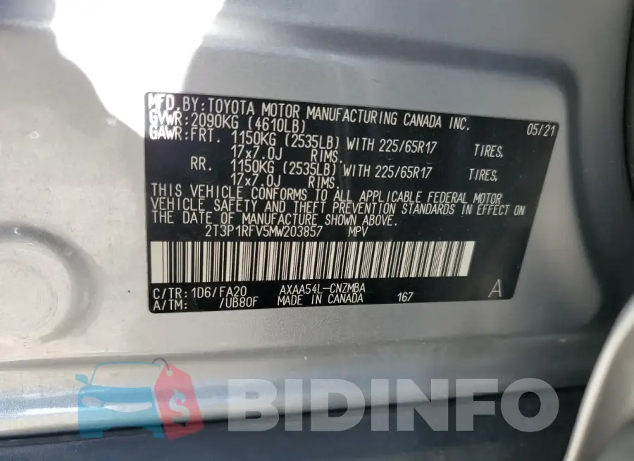 2T3P1RFV5MW203857 Photo# 12