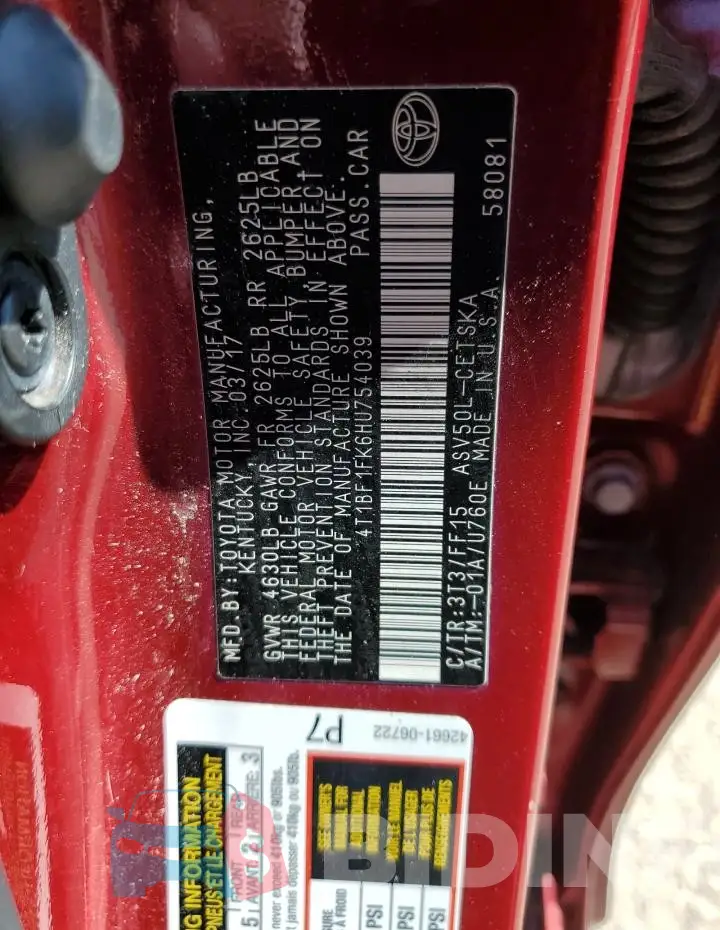4T1BF1FK6HU754039 Photo# 12