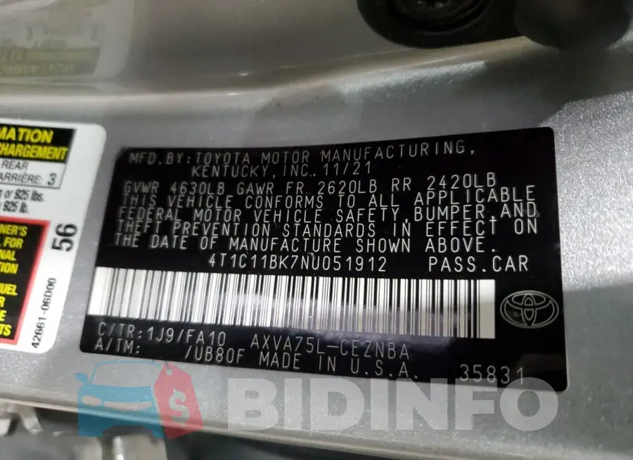 4T1C11BK7NU051912 Photo# 12