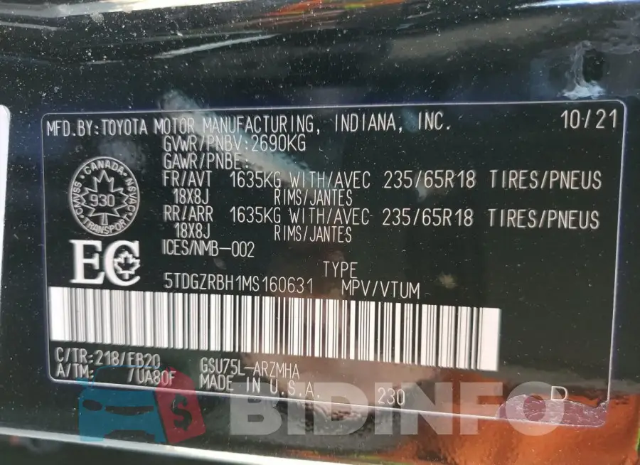 5TDGZRBH1MS160631 Photo# 14