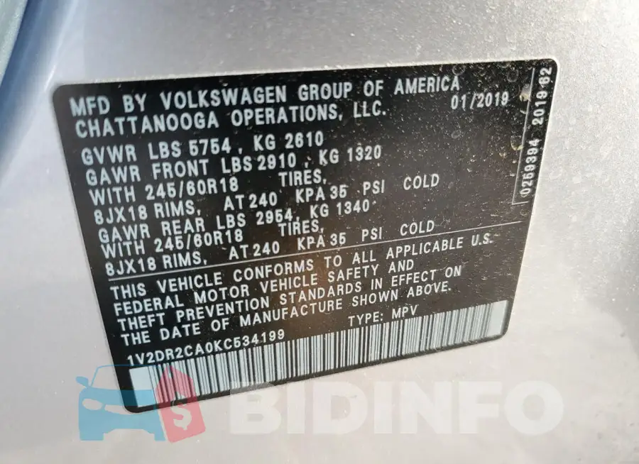 1V2DR2CA0KC534199 Photo# 13