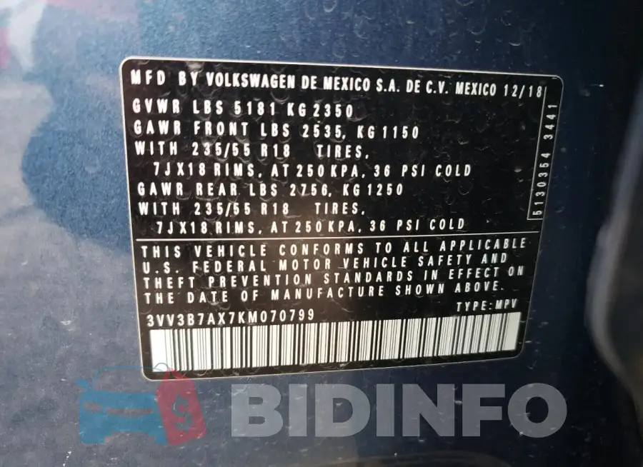 3VV3B7AX7KM070799 Photo# 13