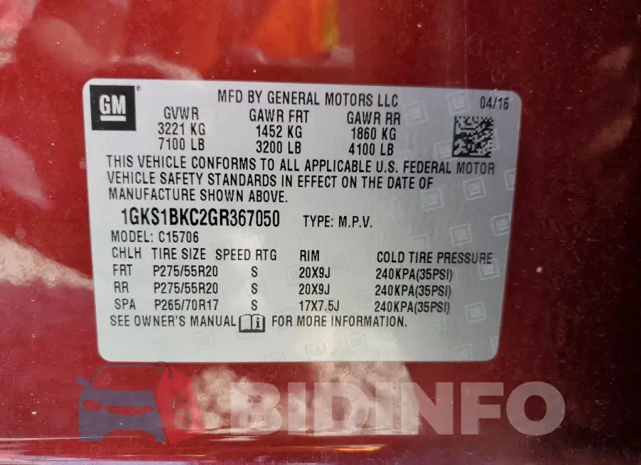 1GKS1BKC2GR367050 Photo# 14
