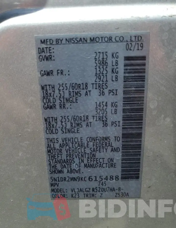5N1DR2MN9KC615488 Photo# 13