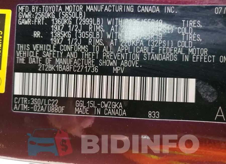 2T2BK1BA8FC271736 Photo# 12