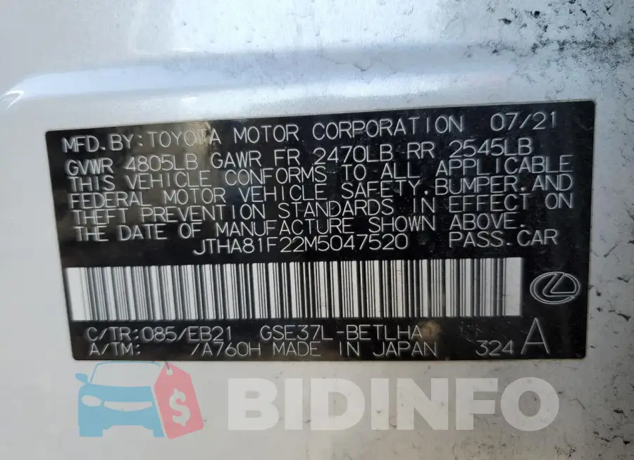 JTHA81F22M5047520 Photo# 12