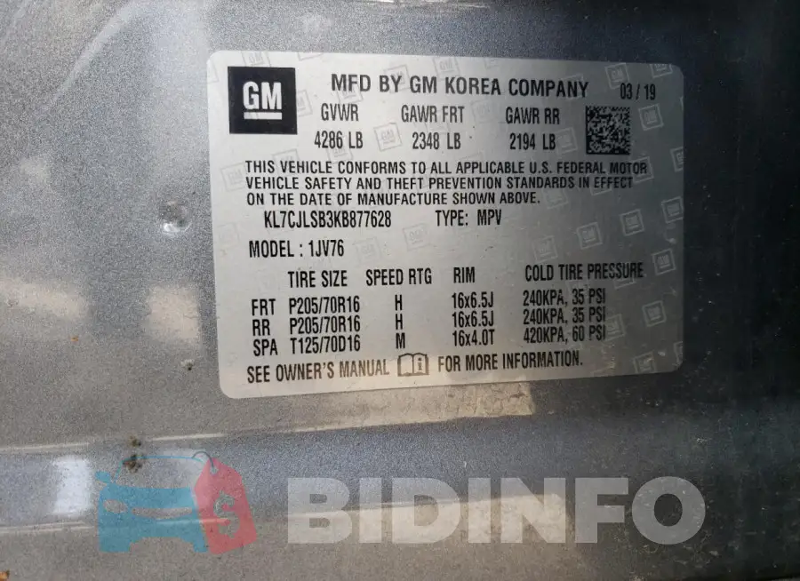 KL7CJLSB3KB877628 Photo# 13