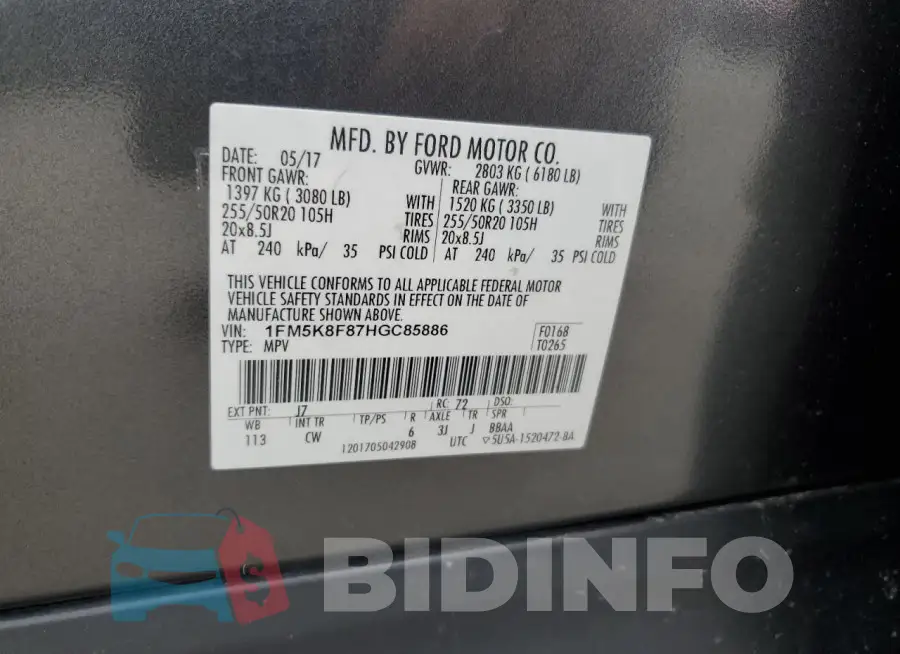 1FM5K8F87HGC85886 Photo# 12