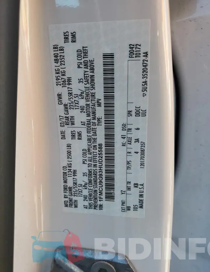 1FMCU9G93HUD25588 Photo# 14