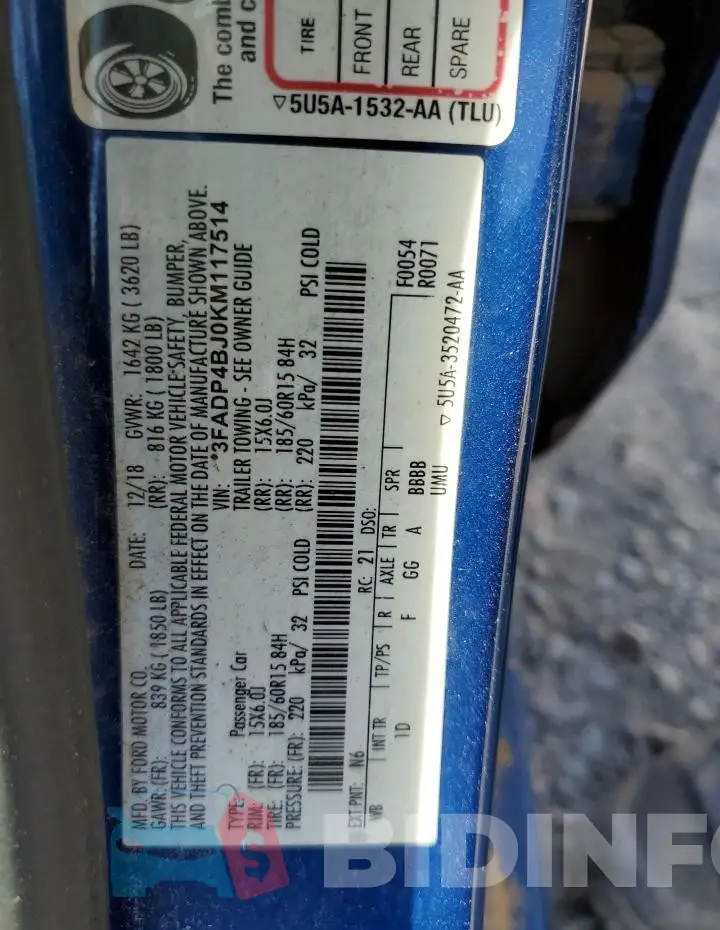 3FADP4BJ0KM117514 Photo# 12