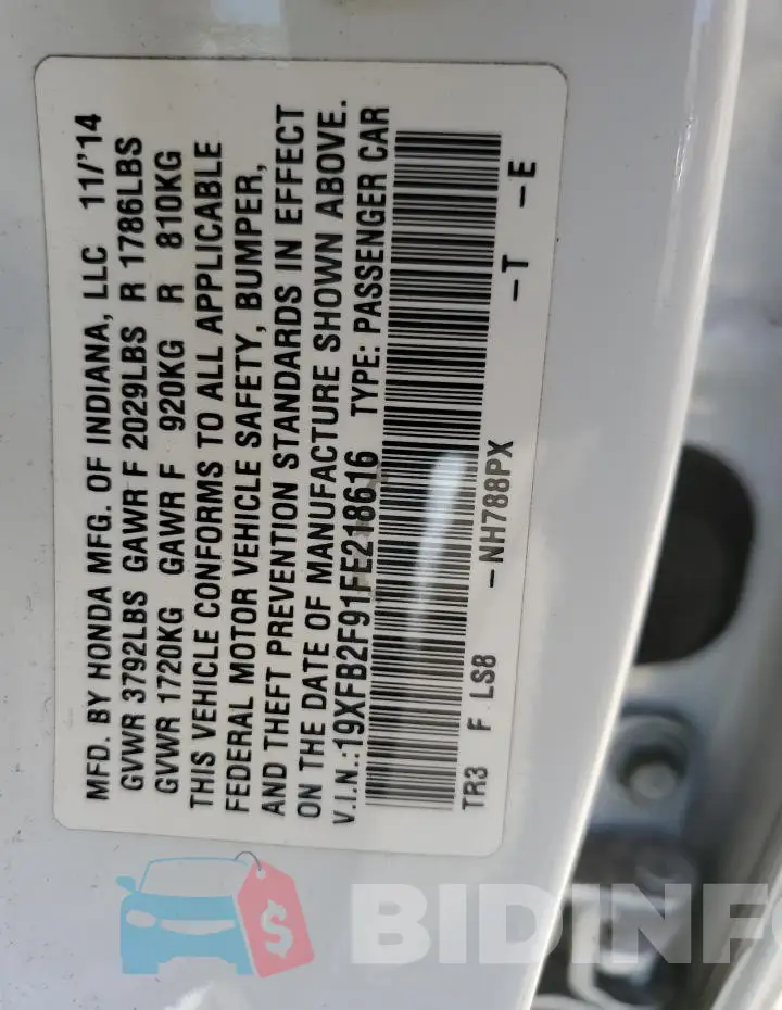 19XFB2F91FE218616 Photo# 12