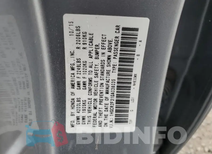 1HGCR2F31GA038035 Photo# 12