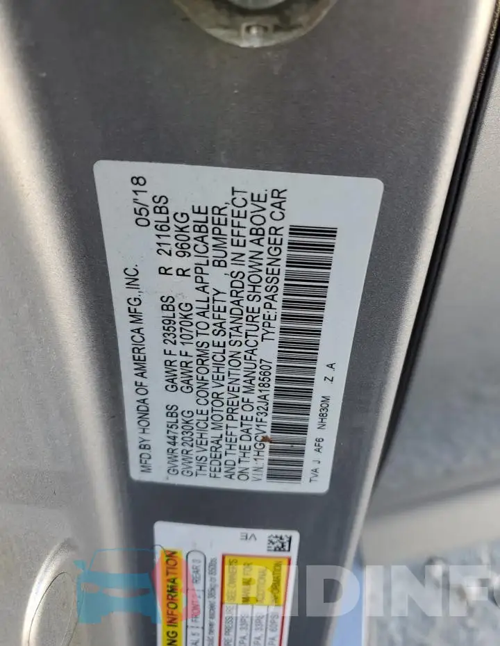 1HGCV1F32JA185607 Photo# 12