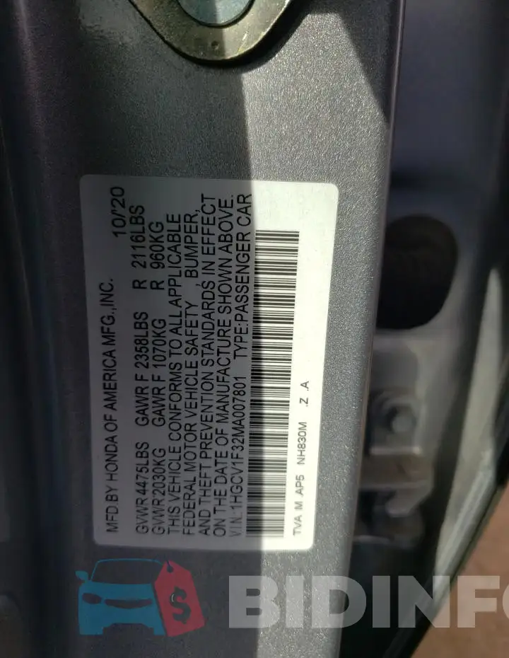 1HGCV1F32MA007801 Photo# 12