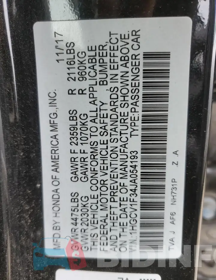 1HGCV1F34JA054193 Photo# 13
