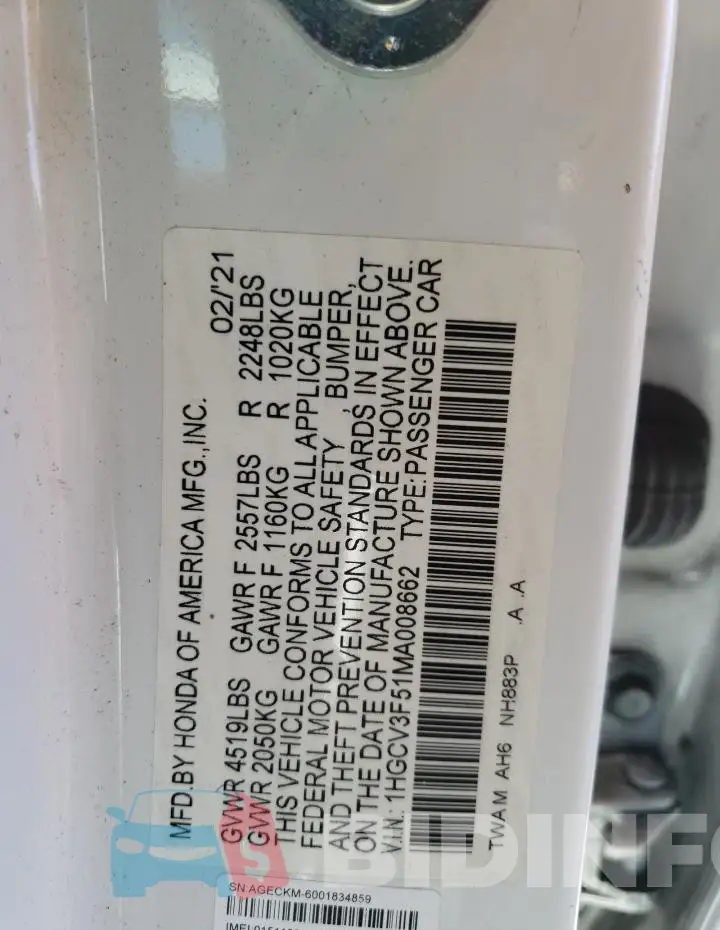 1HGCV3F51MA008662 Photo# 13