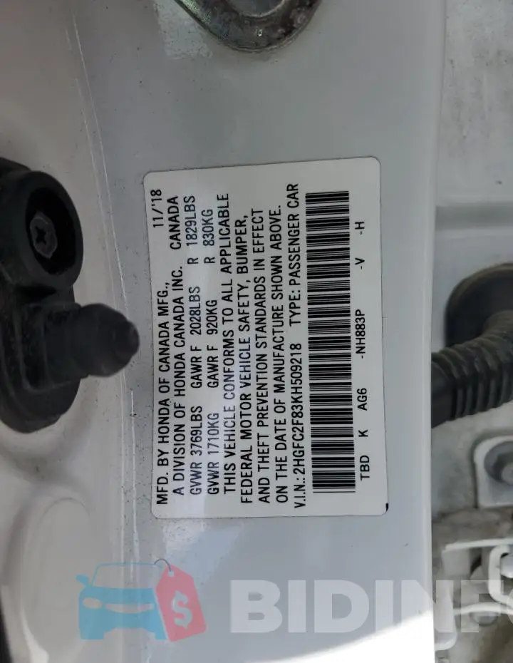 2HGFC2F83KH509218 Photo# 12