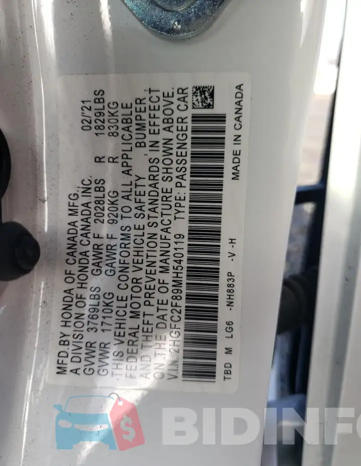 2HGFC2F89MH540119 Photo# 12