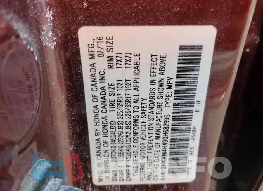 2HKRM4H49GH682996 Photo# 12