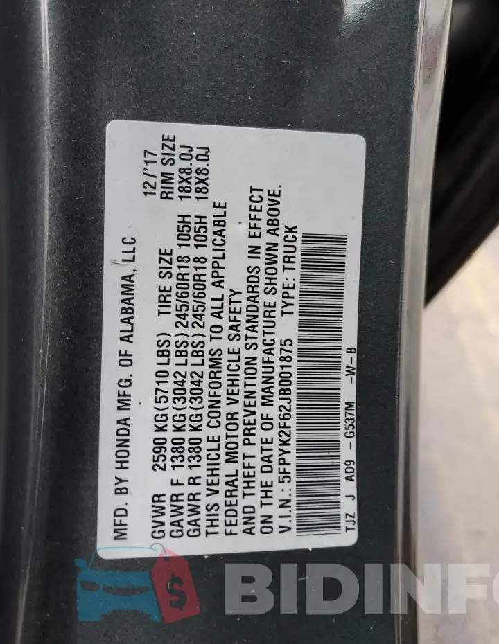 5FPYK2F62JB001875 Photo# 12