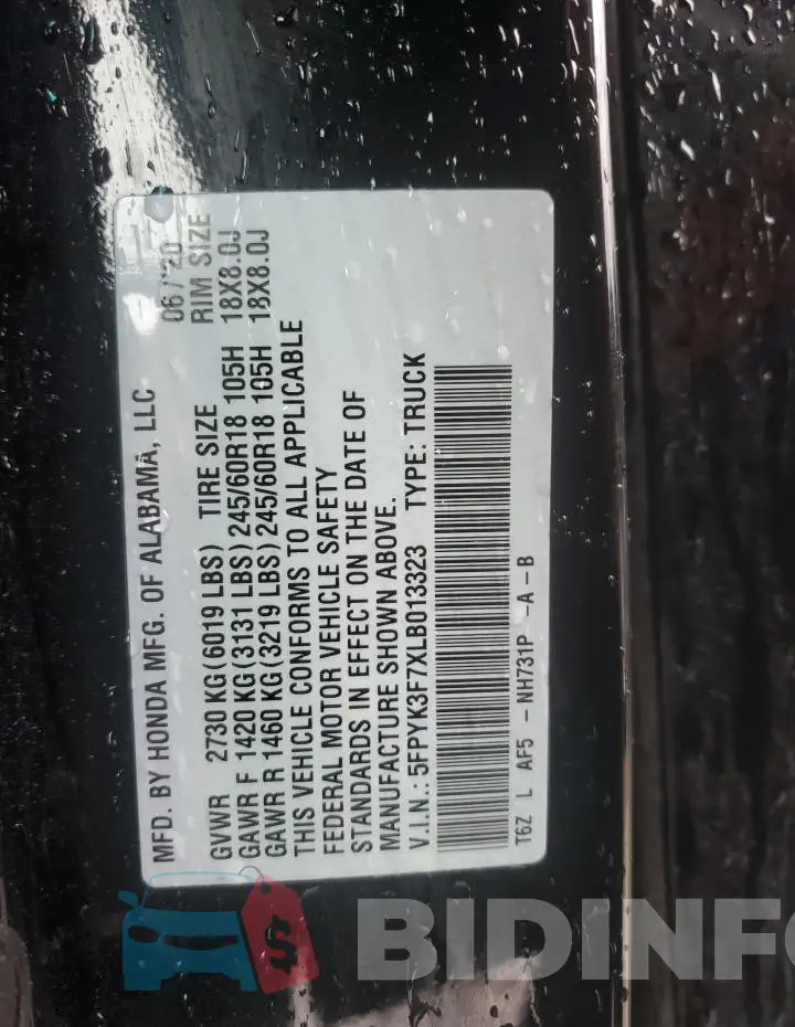 5FPYK3F7XLB013323 Photo# 12