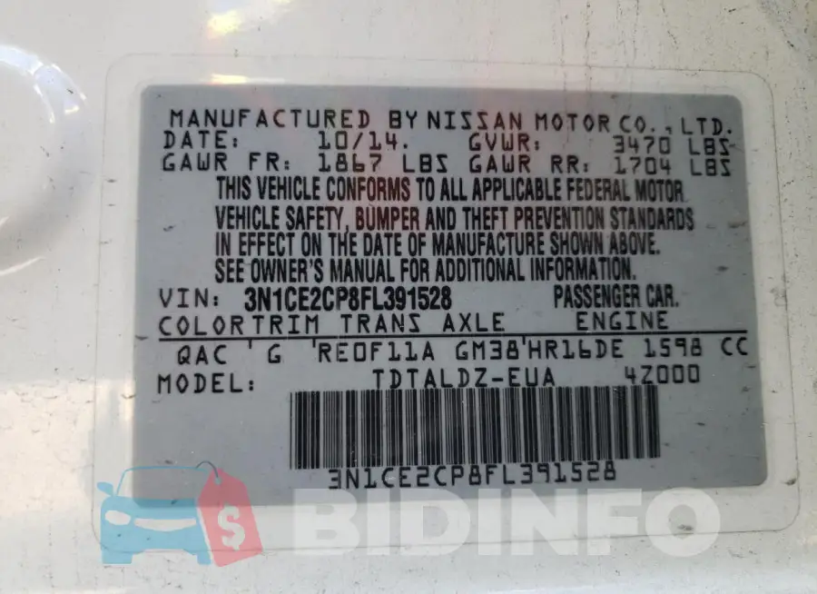 3N1CE2CP8FL391528 Photo# 13