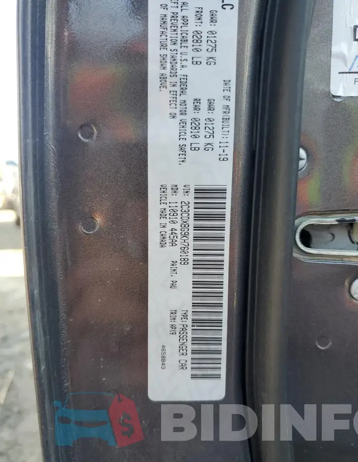 2C3CDXBG9KH760189 Photo# 13