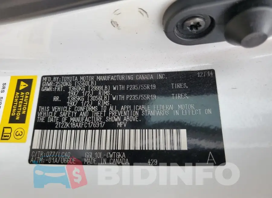 2T2ZK1BAXFC176917 Photo# 12