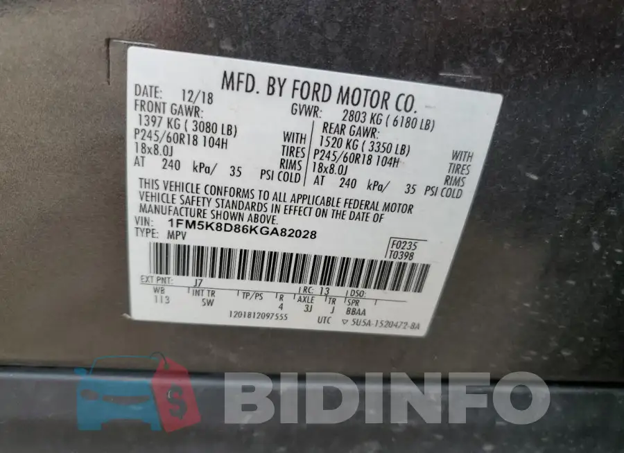 1FM5K8D86KGA82028 Photo# 13