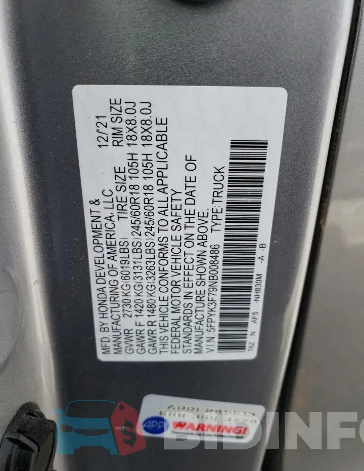 5FPYK3F79NB008486 Photo# 12
