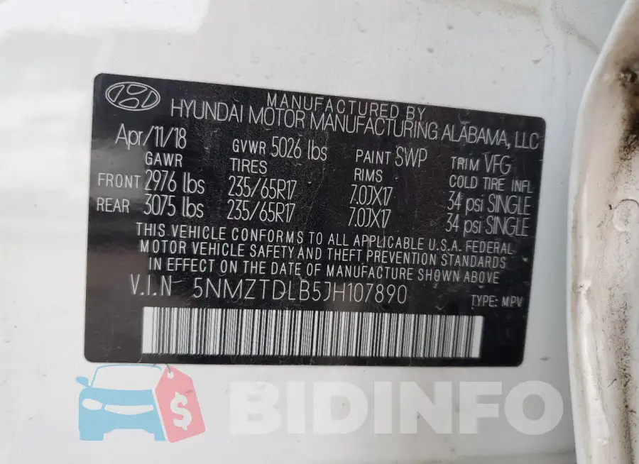 5NMZTDLB5JH107890 Photo# 14