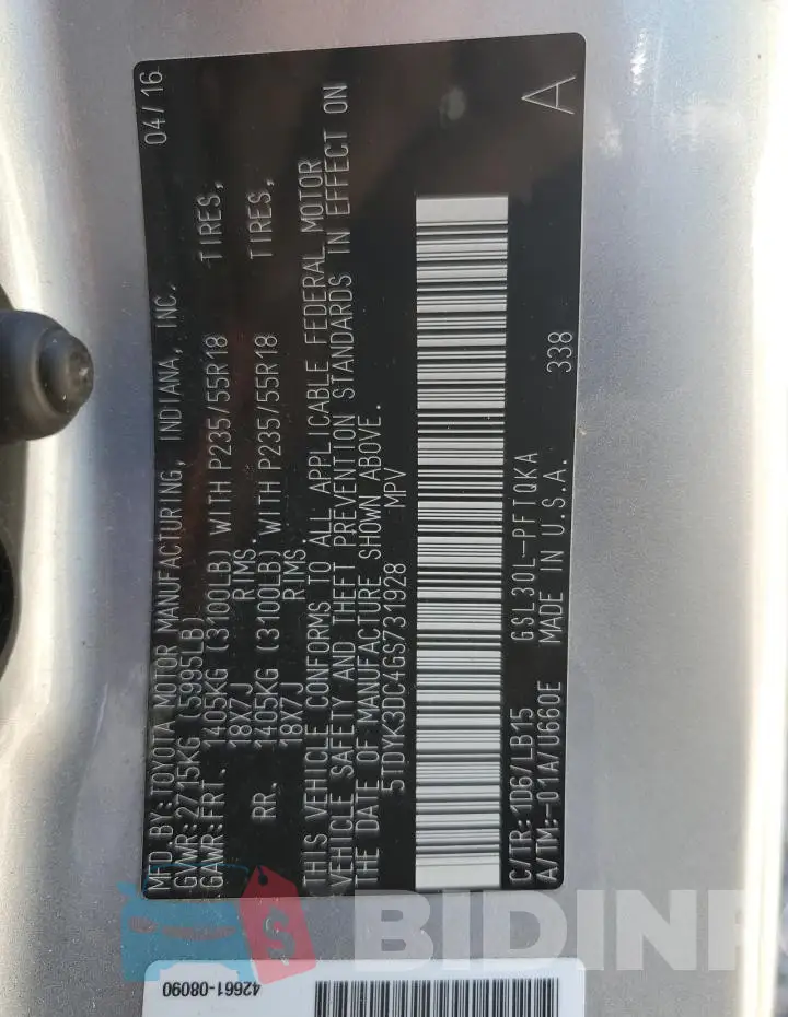 5TDYK3DC4GS731928 Photo# 13
