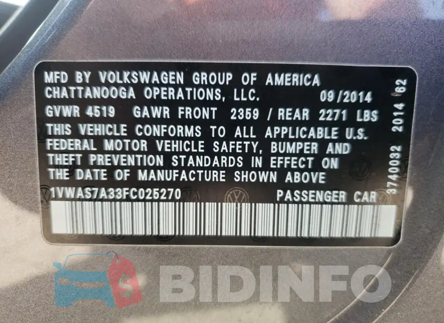1VWAS7A33FC025270 Photo# 12