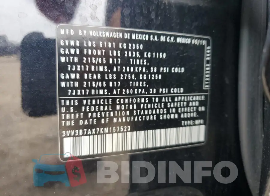 3VV3B7AX7KM157523 Photo# 13