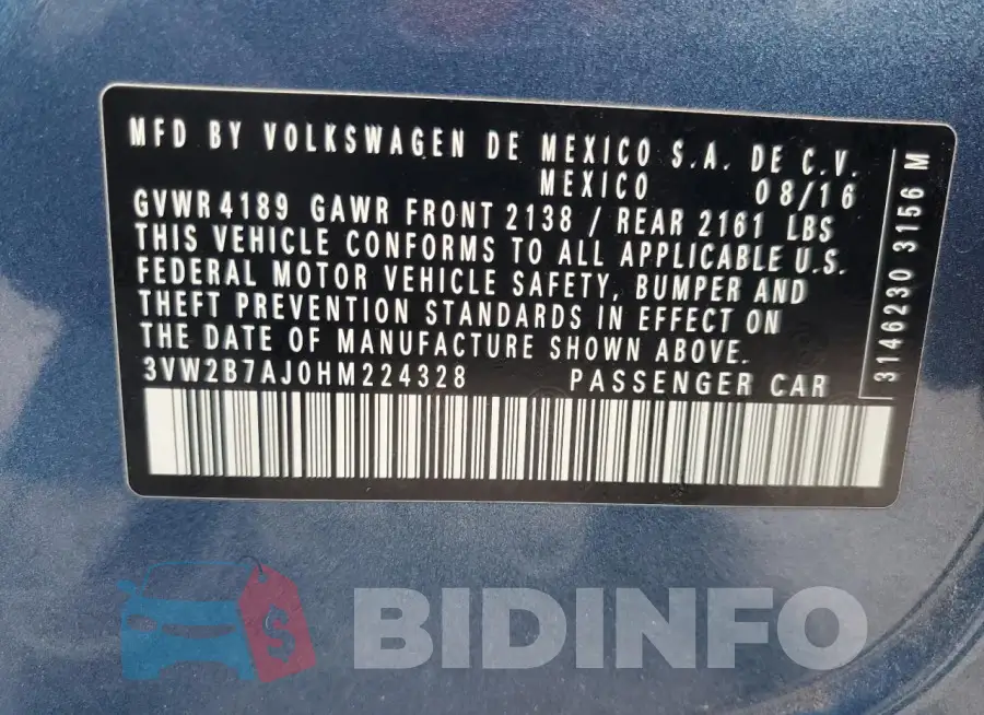 3VW2B7AJ0HM224328 Photo# 13