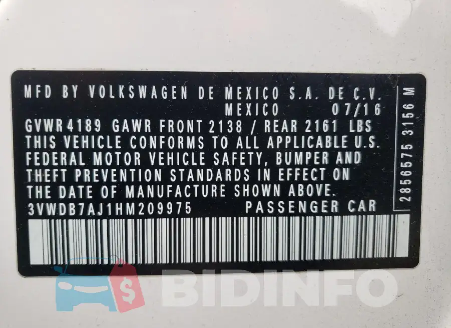 3VWDB7AJ1HM209975 Photo# 12