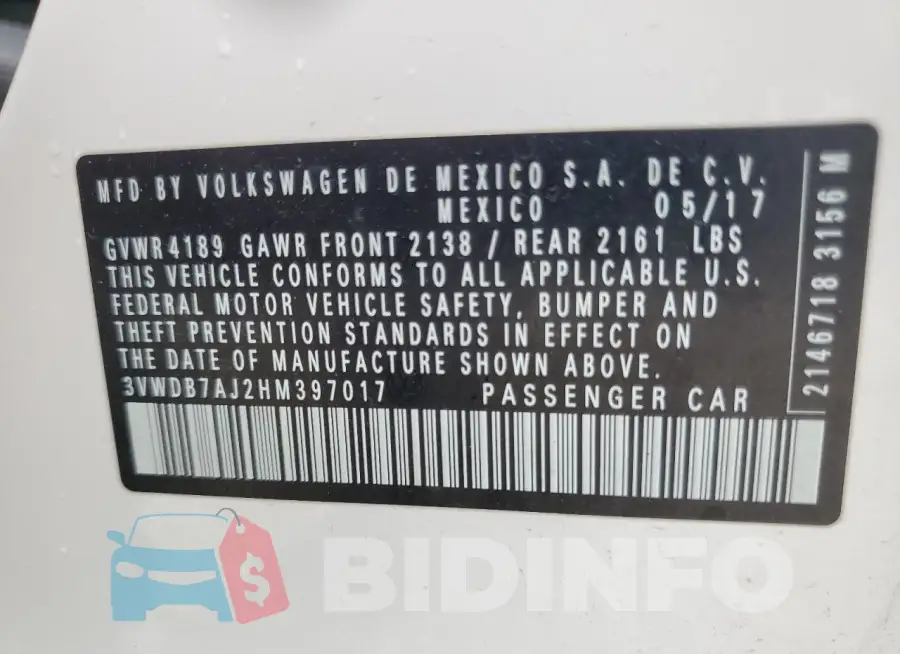 3VWDB7AJ2HM397017 Photo# 13
