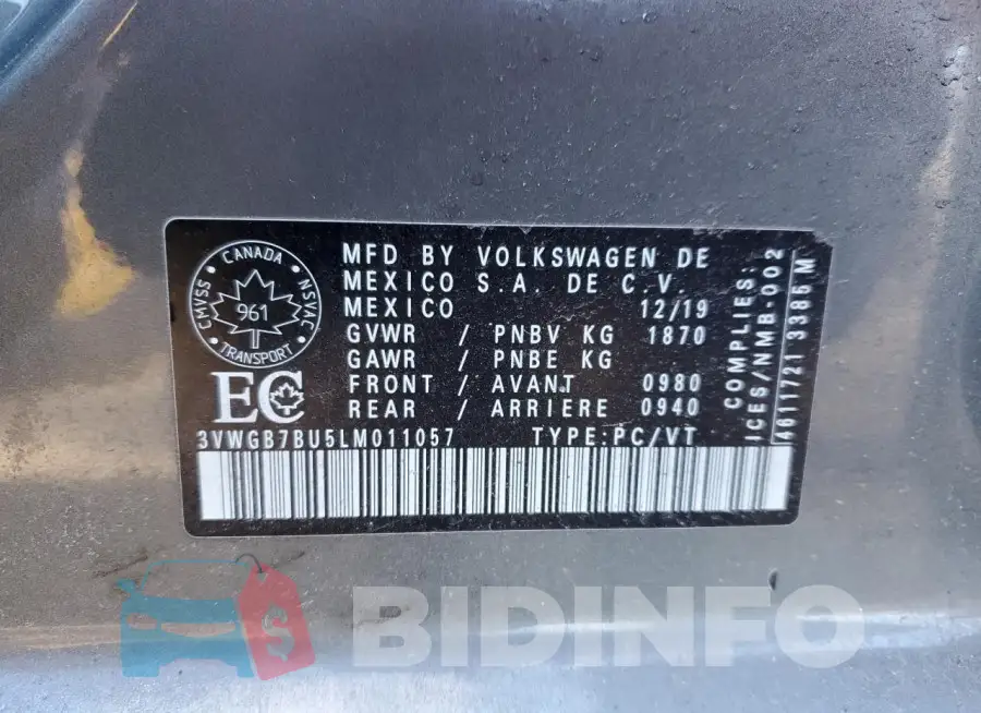 3VWGB7BU5LM011057 Photo# 12