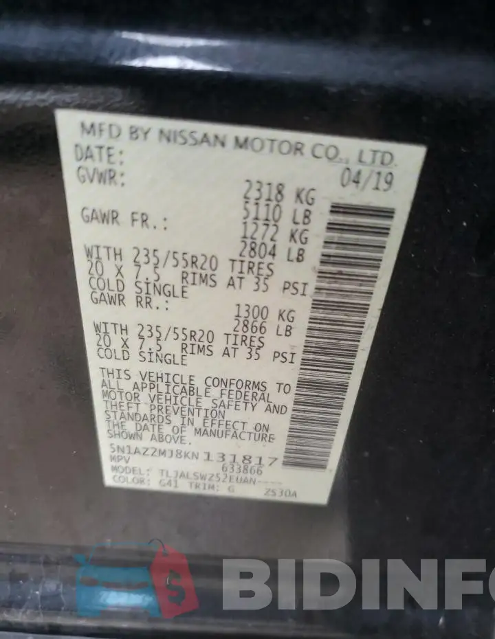 5N1AZ2MJ8KN131817 Photo# 13
