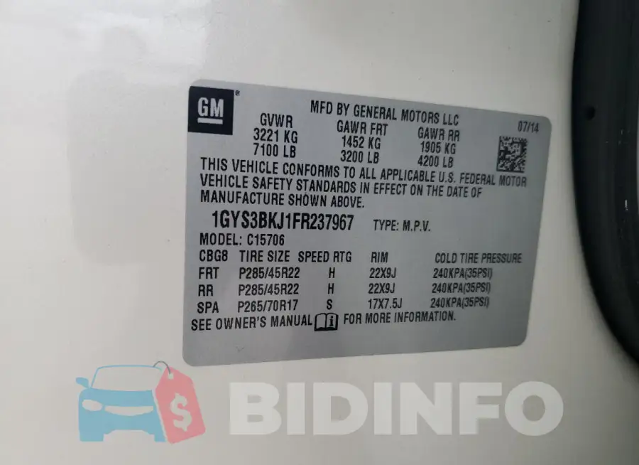 1GYS3BKJ1FR237967 Photo# 13